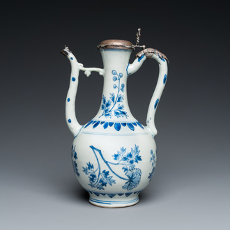 A Chinese blue and white silver-mounted ewer, Transitional period