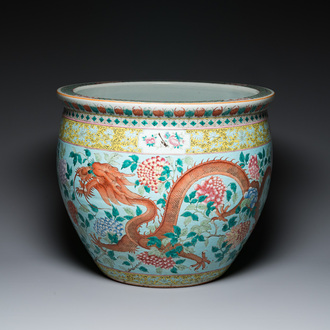 A large Chinese famille verte light blue-ground fish bowl, 19th C.