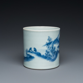 A Chinese blue and white 'landscape' brush pot, probably Kangxi