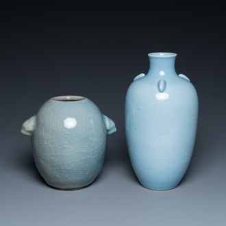 Two Chinese monochrome blue-glazed vases, one with Yongzheng mark, 19/20th C.