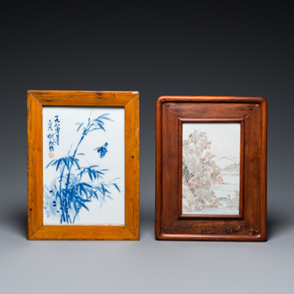 A Chinese grisaille 'landscape' plaque and a blue and white plaque signed Hu Xianya 胡献雅, 20th C.