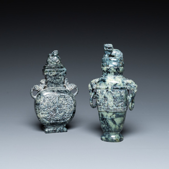 Two Chinese carved marble vases and covers, Qing