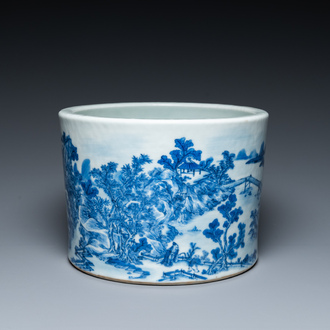 A Chinese blue and white brush pot with a refined landscape, 19th C.