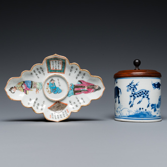 A Chinese famille rose 'Wu Shuang Pu' cup stand and a blue and white 'animals' box, 19th C.