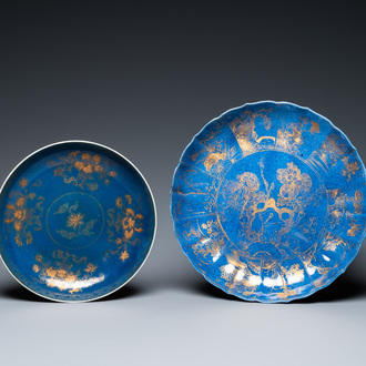 Two Chinese gilt-decorated powder-blue dishes, Kangxi