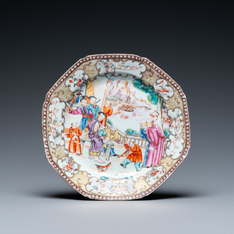 A rare Chinese famille rose 'mandarin' plate with a breastfeeding scene, Qianlong