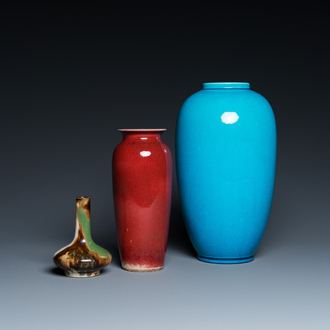 Two Chinese monochrome vases and a flambé-glazed vase, 19/20th C.