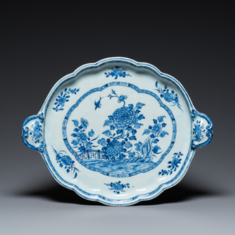 A large Chinese blue and white tray with rocaille handles, Qianlong