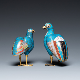 Two Chinese cloisonné quail-form boxes and covers, Qing