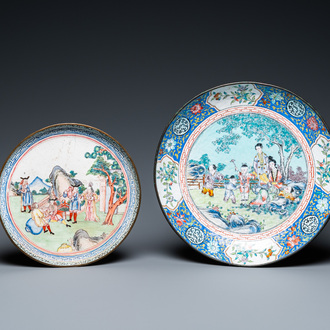 A Chinese Canton enamel dish with a European tea scene and one with ladies and boys, 18/19th C.