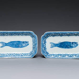 A pair of Chinese blue and white 'herring' dishes, Qianlong