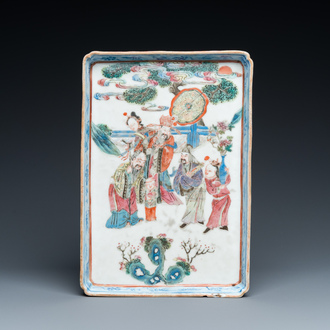 A Chinese famille rose tray with figures in a landscape, 19th C.