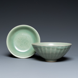 A Chinese Longquan celadon 'lotus' bowl and a dish, Song or later