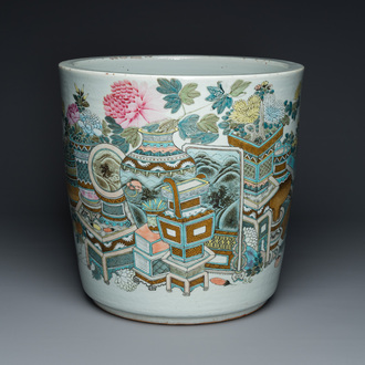 A Chinese qianjiang cai 'antiquities' jardinière, signed Xu Pinheng 許品衡, dated 1894