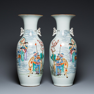 A pair of Chinese famille rose mythological subject vases, signed Han Zhengtai 韓正泰, 19/20th C.