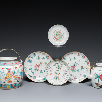 Two Chinese famille rose teapots and four small plates, 19th C.