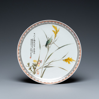 A Chinese famille rose 'cricket' plate in the style of Li Mingliang 李明亮, Jiangxi Wen Sheng 江西文盛出品 mark, dated 1950