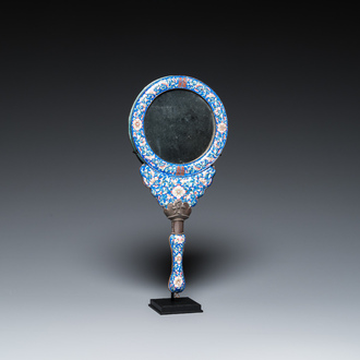A Chinese Canton enamel hand mirror, inscribed 'Dan Na', Qianlong