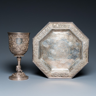 A Chinese silver monogrammed goblet and an octagonal tripod dish, 19/20th C.