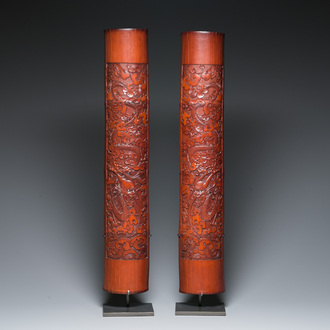 A pair of Chinese bamboo 'dragon' carvings, 19th C.