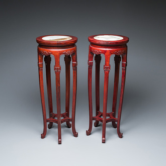 A pair of tall Chinese wooden stands with marble tops, Republic