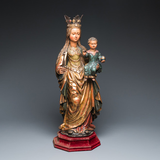 A large Flemish polychromed wood sculpture of the Virgin with Child, 16/17th C.