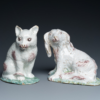 Two Brussels faience sculptures of a cat and a dog, probably Mombaers workshop, 2nd half 18th C.