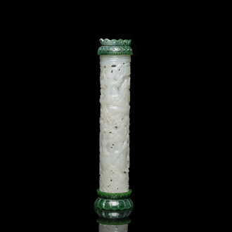 A Chinese white jade parfumier with spinach green jade cover and base, Qing