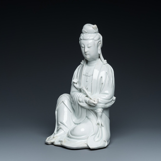 A Chinese Dehua blanc de Chine sculpture of Guanyin with a ruyi, Boji Yuren 博及漁人 mark, 19/20th C.