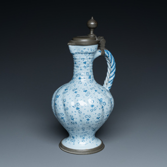 A German blue and white pewter-mounted twisted ewer, Frankfurt, 17th C.