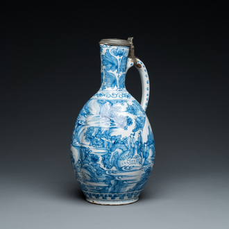 A large twisted Dutch Delft blue and white pewter-mounted ewer, 17th C.