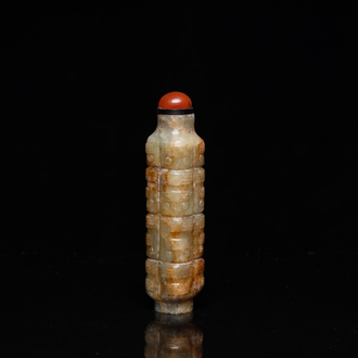 A Chinese celadon and russet jade 'cong' snuff bottle, probably Qing