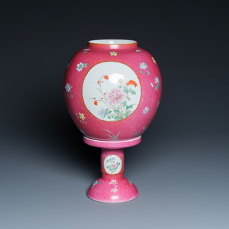 A Chinese famille rose pink sgraffito-ground lantern on stand, Republic