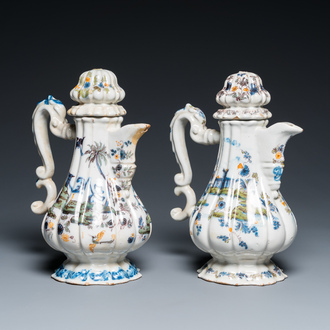 Two polychrome Italian faïence coffee pots and covers, Pesaro, 18th C.