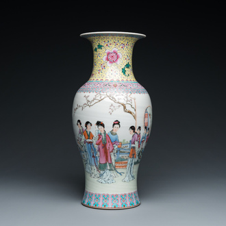 A Chinese famille rose 'ladies in the garden' vase, Qianlong mark, 20th C.