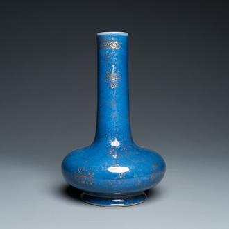 A Chinese gilt-decorated powder-blue-bottle vase, Kangxi mark but probably later