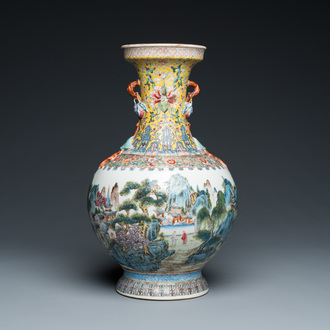 A Chinese famille rose 'mountainous landscape' vase, Qianlong mark, 20th C.