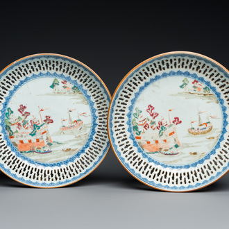 A pair of Chinese reticulated famille rose 'Fort Folly' dishes, Qianlong