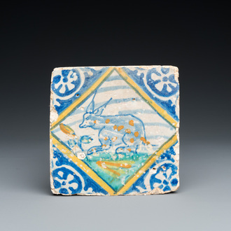 A polychrome maiolica tile with a spotted rabbit, Antwerp or Middelburg, late 16th C.
