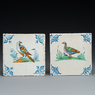 Two polychrome Dutch Delft tiles with an eagle and with two ducks, 17th C.