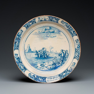 A Dutch Delft blue and white 'The abduction of Europa' dish, 1st quarter 18th C.