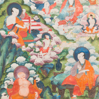 Een thangka met Luohan omringd met godheden, Tibet, 17/18e eeuw