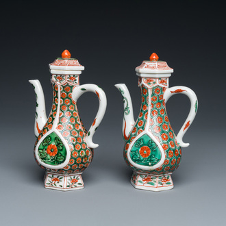 Two Chinese famille verte ewers and covers, Kangxi
