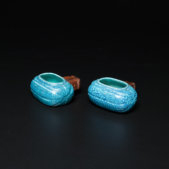 A pair of Chinese robin's egg-glazed birdfeeders, Qing