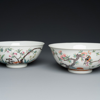 Two Chinese famille rose 'magpie and peaches' bowls, Xuantong marks but probably Republic