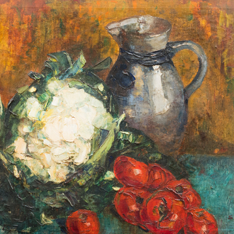 Sadji (Sha Qi, Sha Yinnian) (1914-2005): Stilleven met bloemkool, tomaten en een steengoed kan, olie op doek