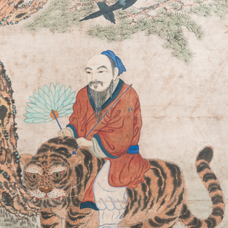 Korean school: 'Mountain spirit on a tiger', ink and colour on paper, Joseon, 19th C.