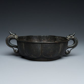 A Chinese archaistic bronze dragon-handled censer, Yuan