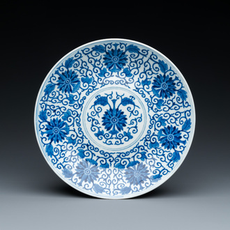 A Chinese blue and white 'lotus scroll' dish, Guangxu mark and of the period