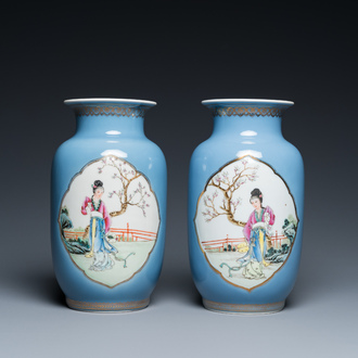 A pair of Chinese famille rose lavender-blue-ground vases, Qianlong mark, Republic
